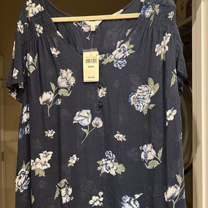 NWT Lucky Brand Floral Short Sleeve Button Front Top Blouse 3X Blue Floral $80